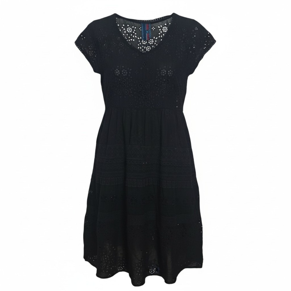 Johnny Was Eyelet Embroidered Women's Dress M Black Boho Tiered Midi Cupro
